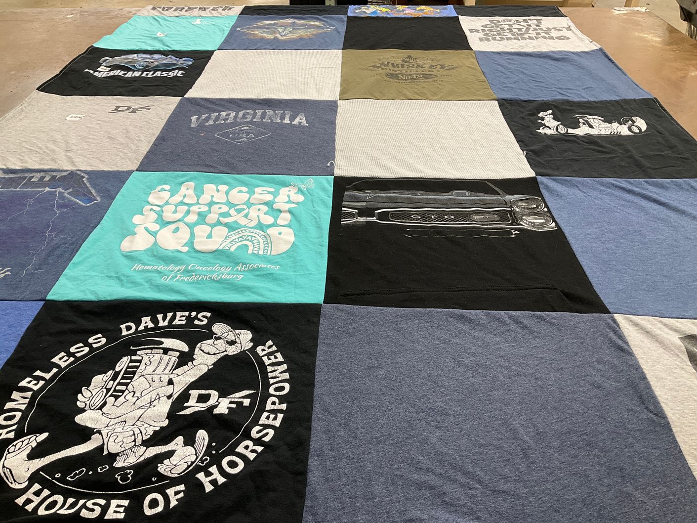 T-shirt quilt with cancer support, car culture themes by Tanya from VA