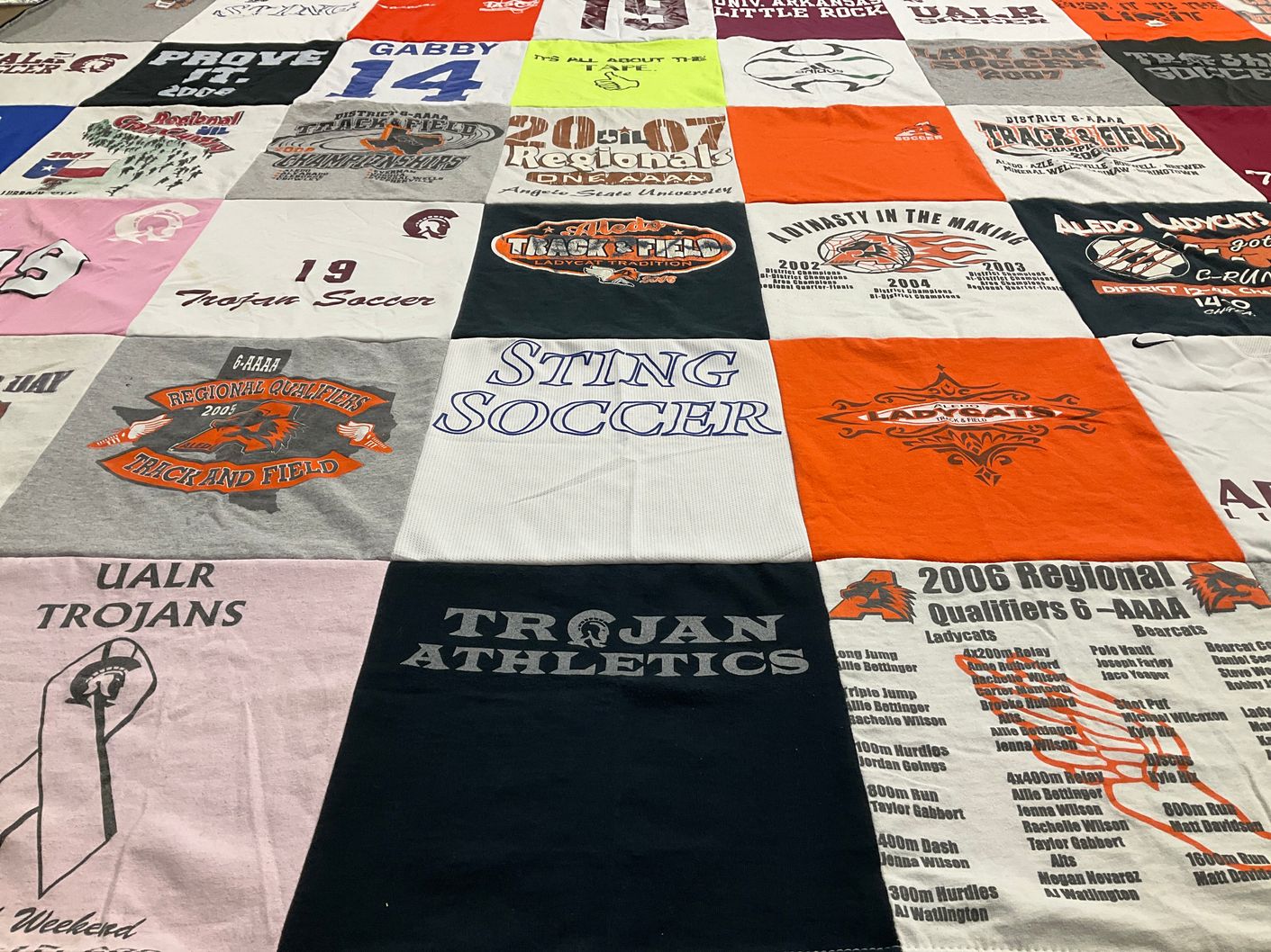 T-shirt quilt featuring ualr trojans, ladycats by Lisa from TX