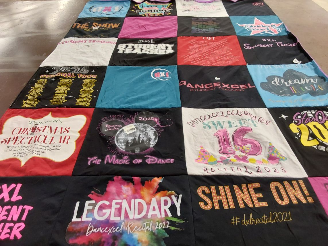 T-shirt quilt with dance, performing arts themes by Linda from OH