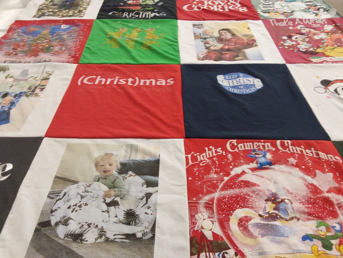 T-shirt quilt with family, holiday themes by Kimberly from VA