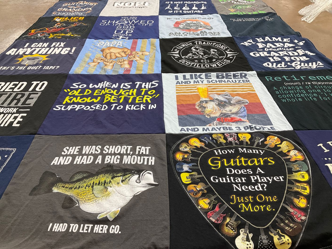 T-shirt quilt with guitars, beer themes by Jamie from CA