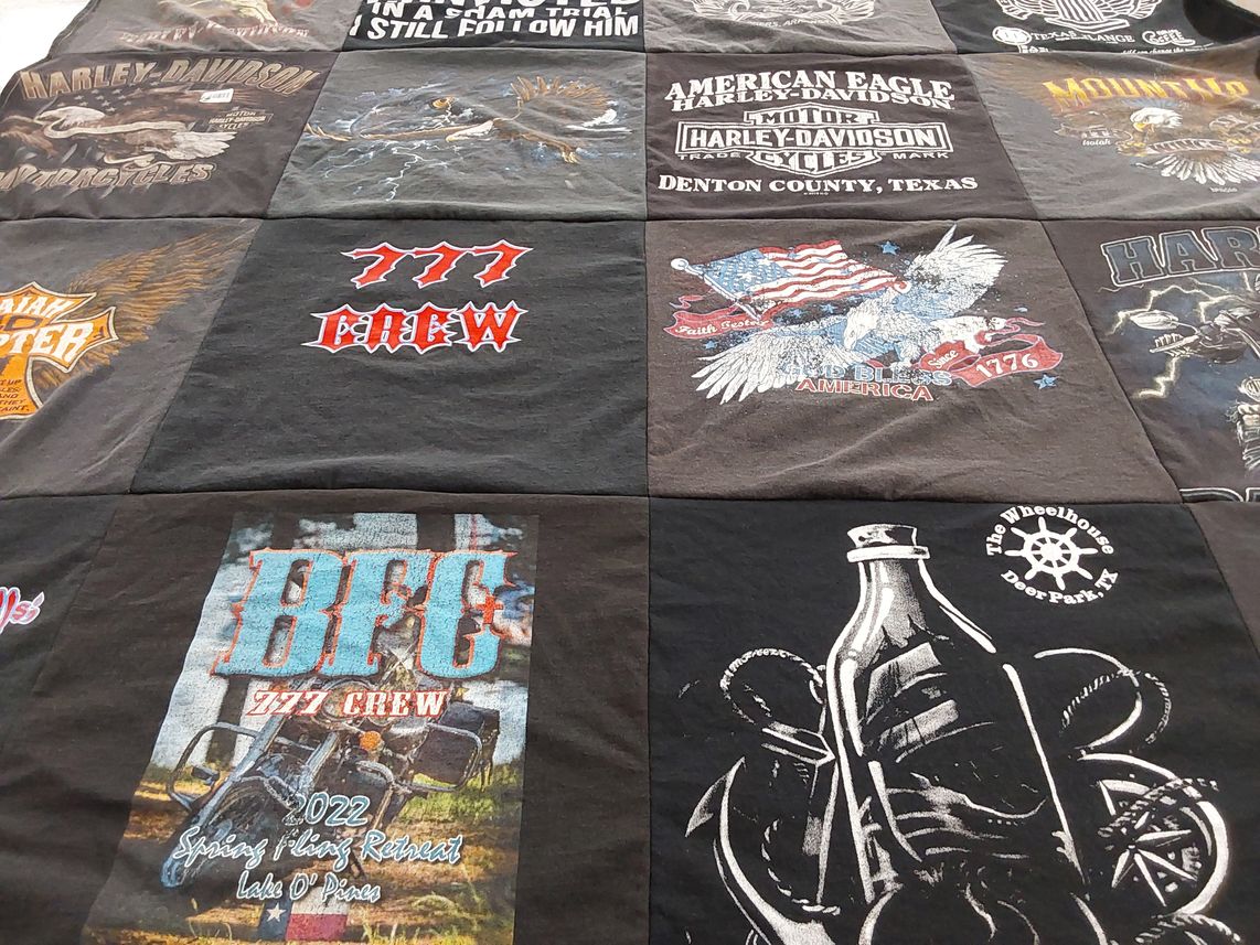 T-shirt quilt with motorcycles, biking themes by Gwen from TX