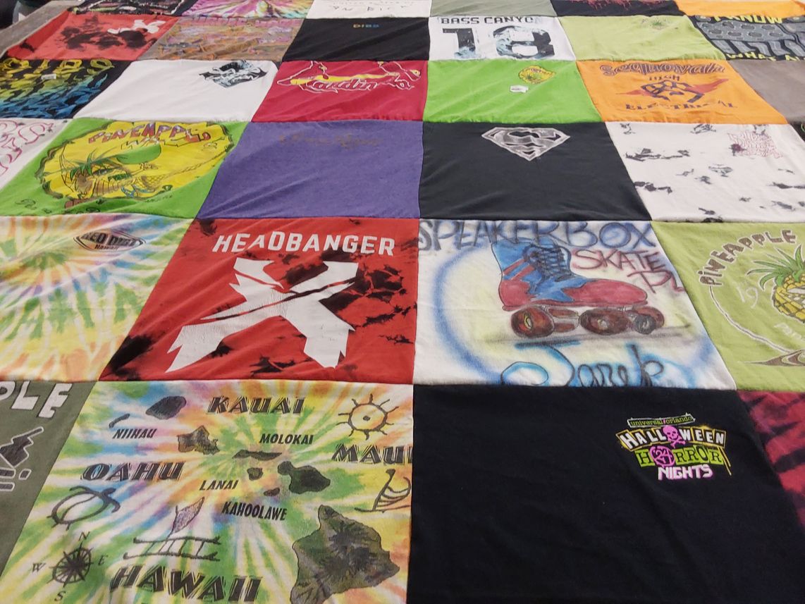 T-shirt quilt with skateboarding, halloween events themes by Audrey from TN