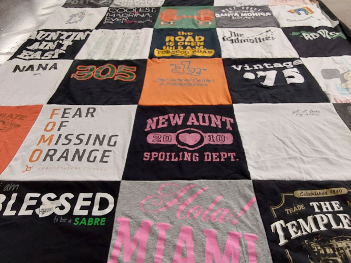 T-shirt quilt with family, fitness themes by Monica from FL