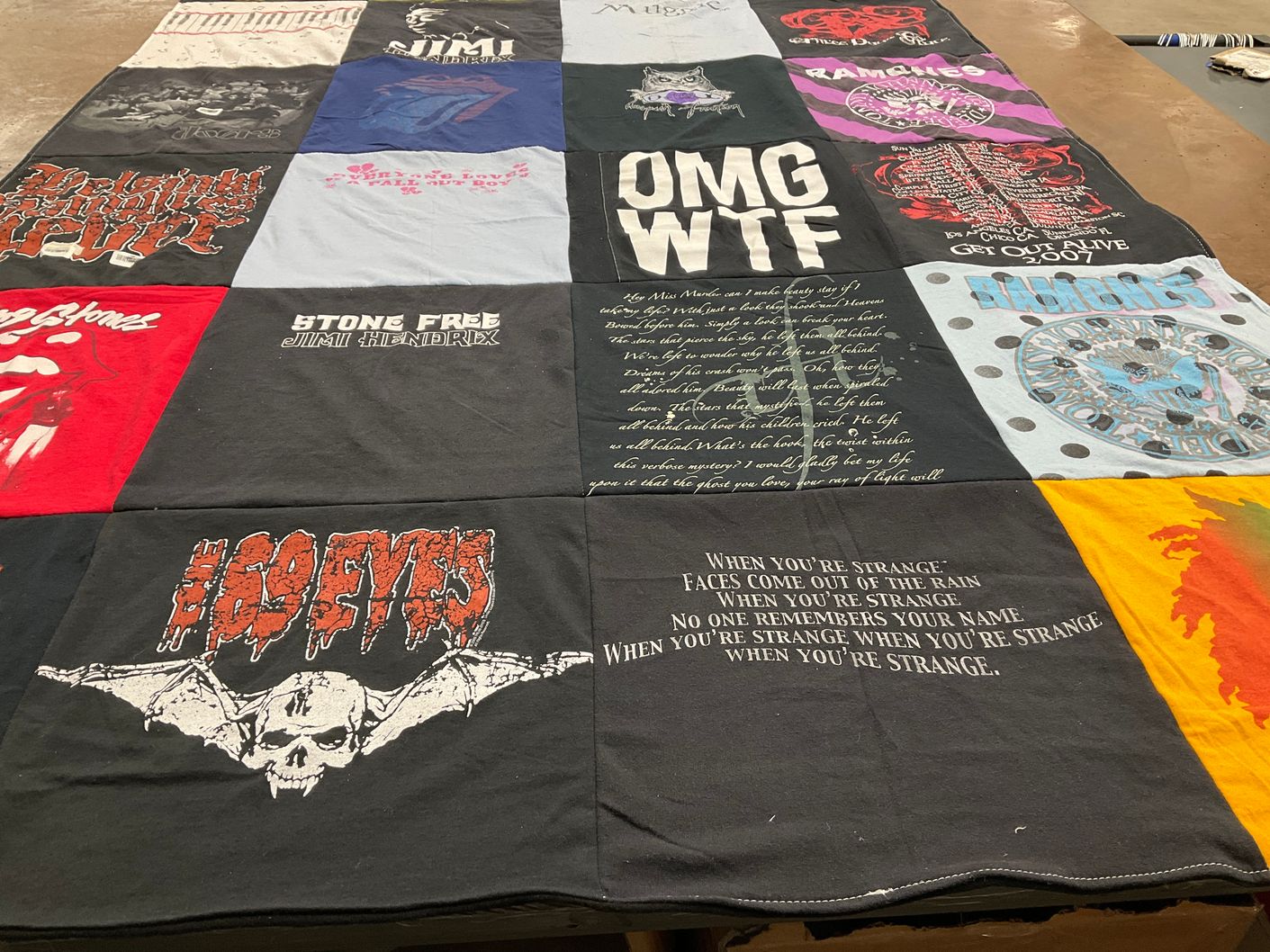 T-shirt quilt with music, rock themes by Calli from TX