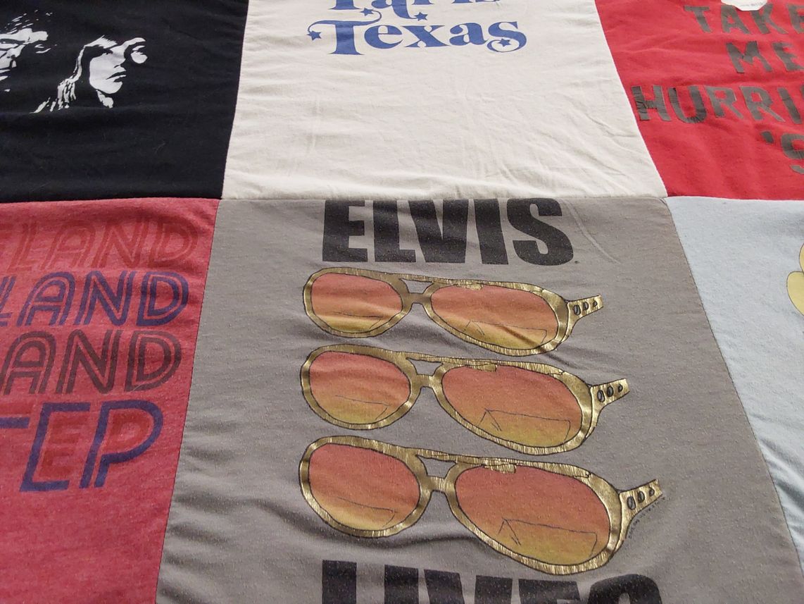 T-shirt quilt with music, entertainment themes by Maren from IL