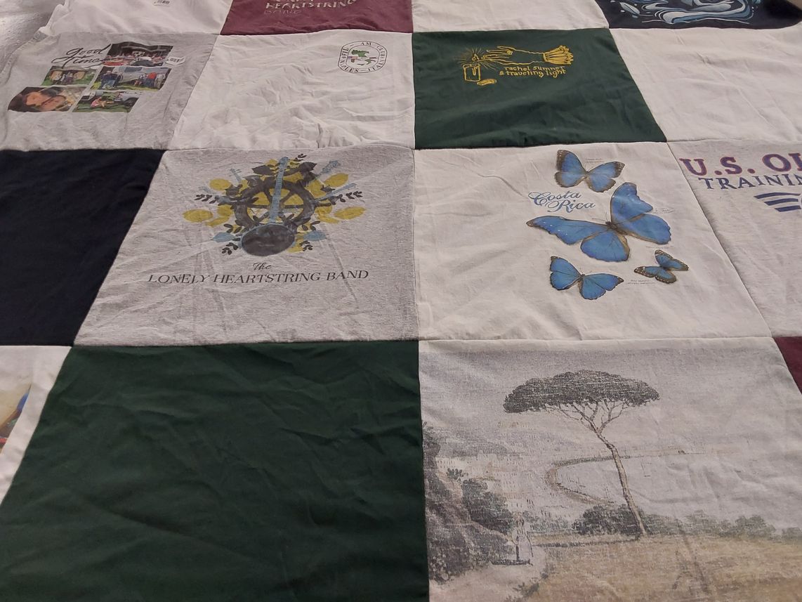 T-shirt quilt with music, travel themes by Beth from ME
