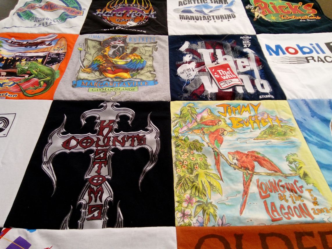 T-shirt quilt with music, travel themes by Virginia from NJ