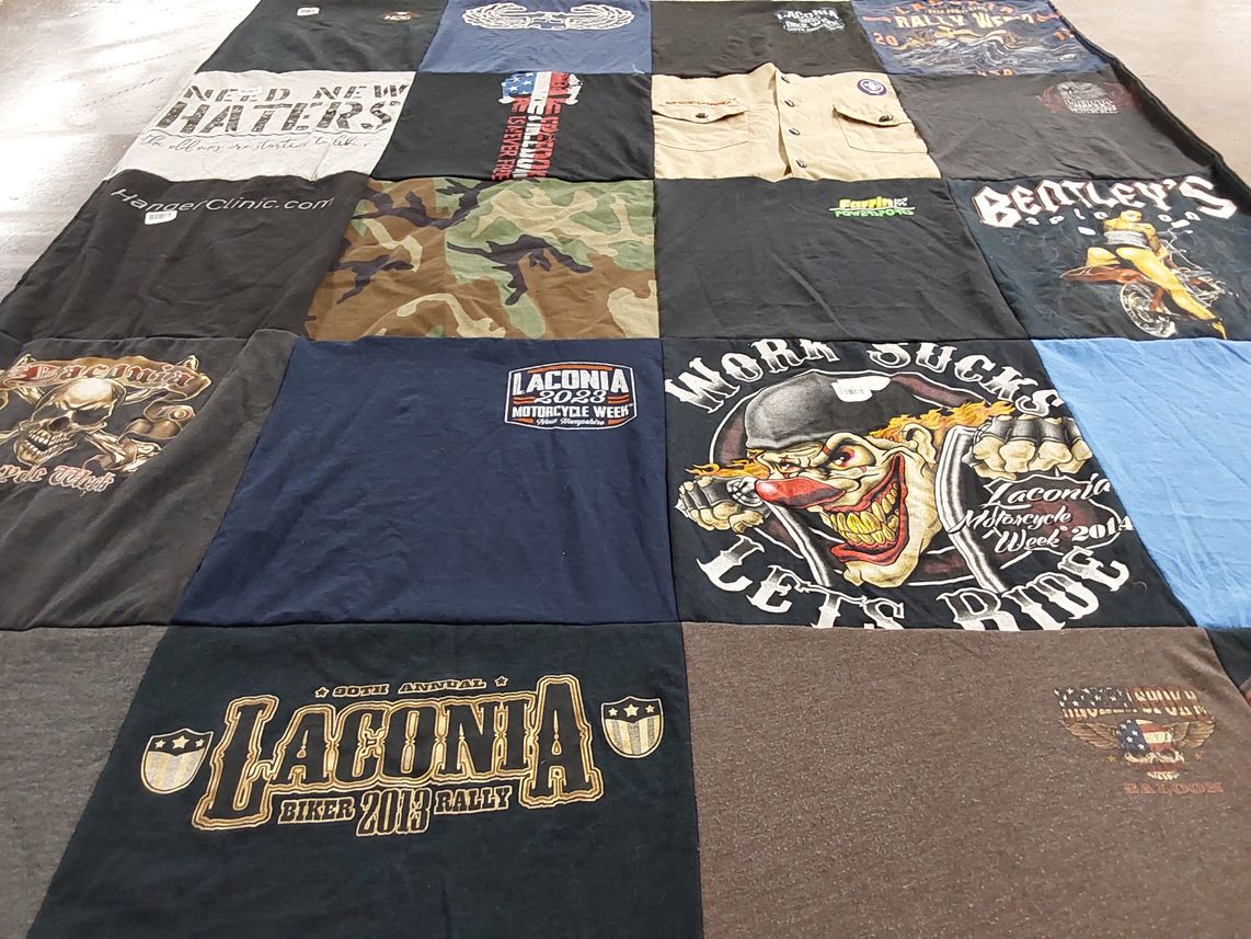 T-shirt quilt with biker culture, motorcycle events themes by Bethany from ME
