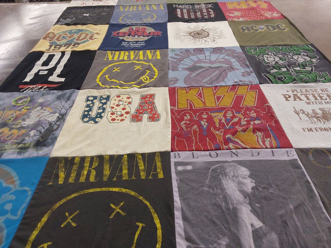 T-shirt quilt with music, rock themes by Emilia from GA