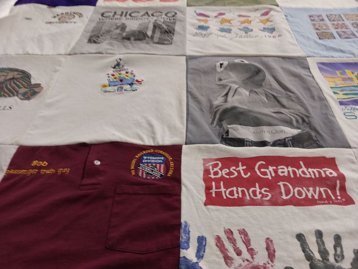 T-shirt quilt with trains, muppets themes by Patricia from AZ
