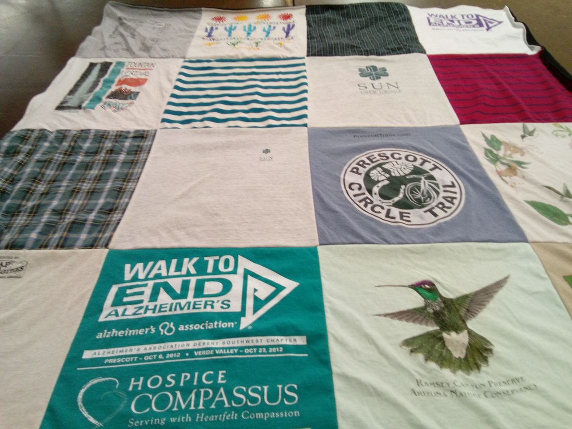 T-shirt quilt with alzheimer's awareness, nature conservation themes by Patricia from AZ