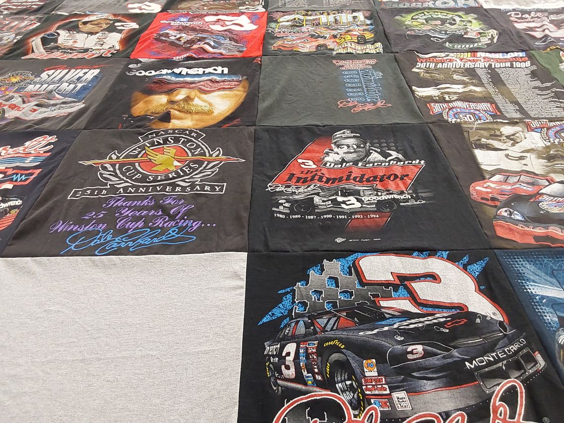 T-shirt quilt with nascar, car racing themes by Cindra from KY