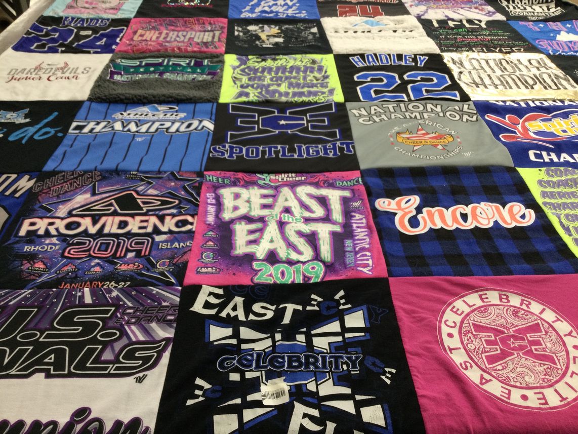 T-shirt quilt with cheer, dance themes by Tiffany from CT