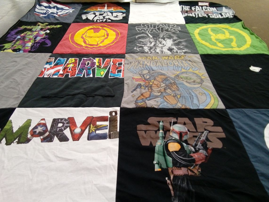 T-shirt quilt with comics, movies themes by Brian from NJ