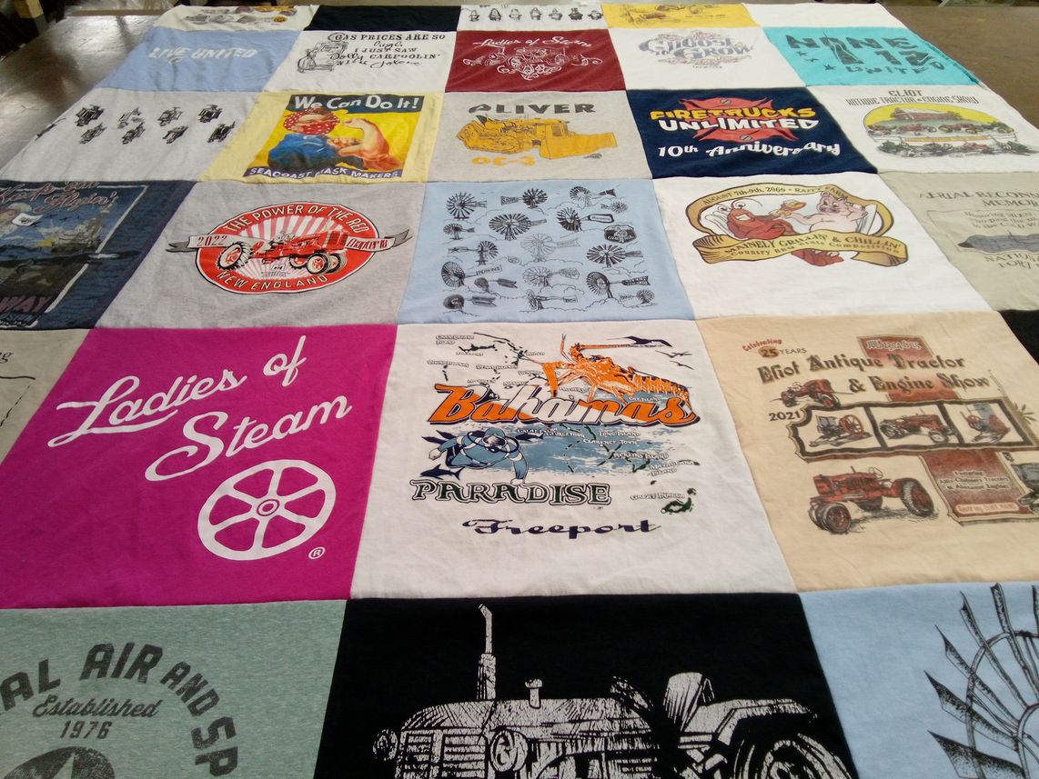T-shirt quilt with steam engines, antiques themes by Lisa from ME