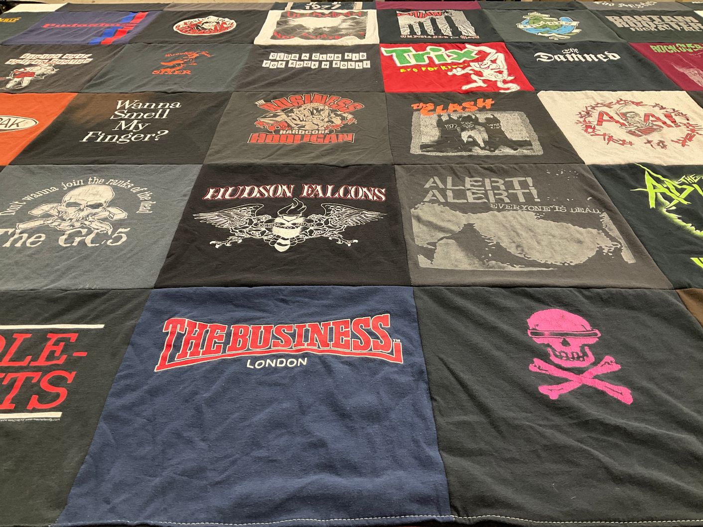 T-shirt quilt with music, punk themes by Mary from MO