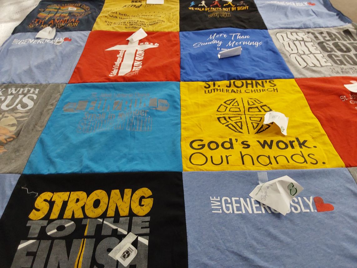 T-shirt quilt with religious practice, community service themes by Billie from NE