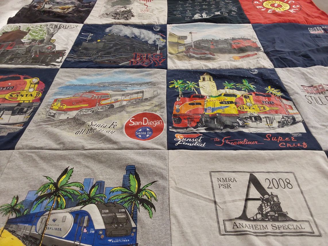T-shirt quilt with trains, railroads themes by Russell from CA