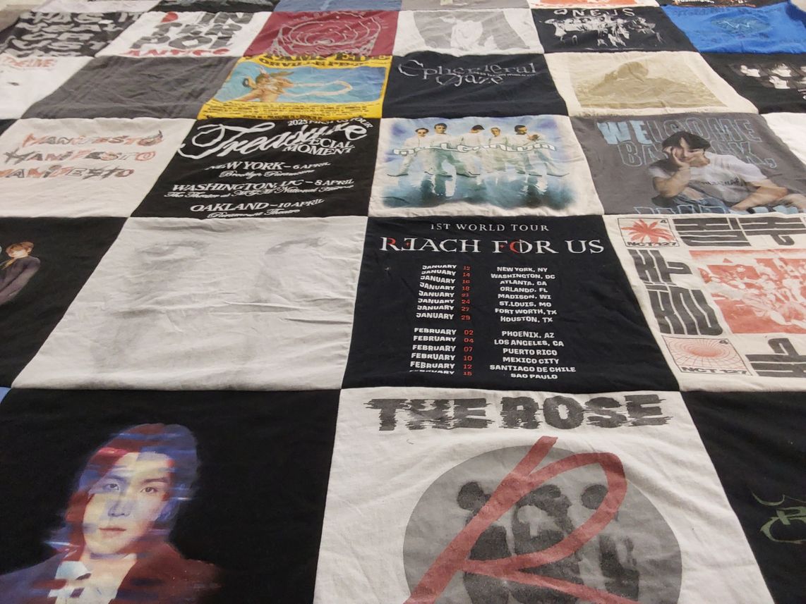 T-shirt quilt with music, concerts themes by Mary from VA