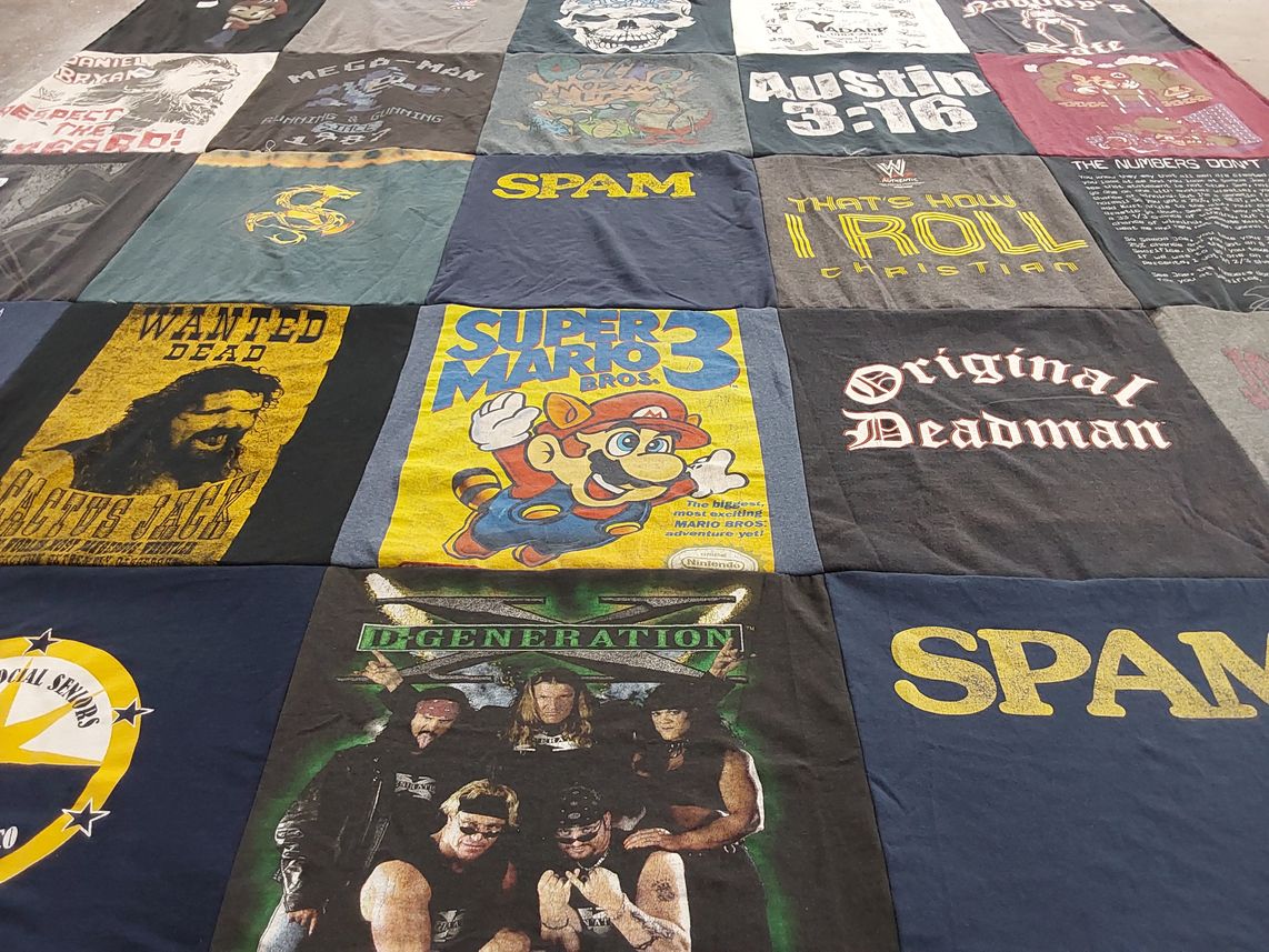T-shirt quilt with video games, wrestling themes by Cindy from VA