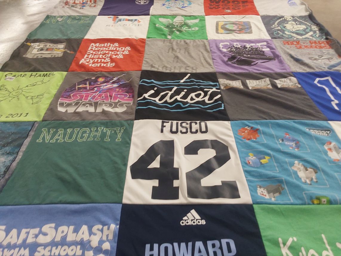 T-shirt quilt with camping, swimming themes by Elizabeth from GA