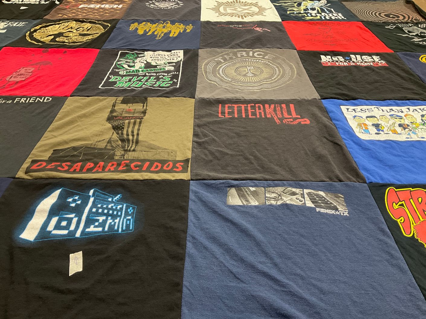 T-shirt quilt with music, punk themes by Cynthia from FL