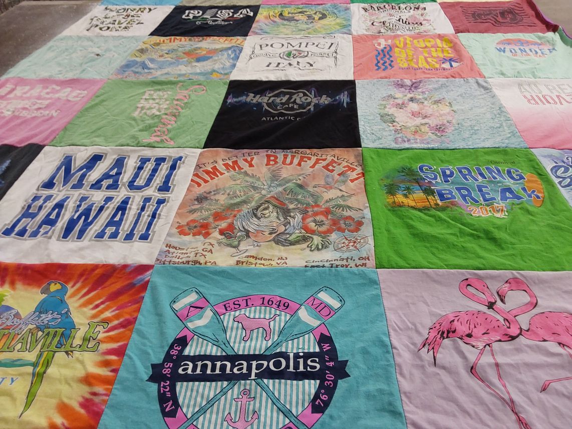 T-shirt quilt with travel, beach themes by Lori from PA