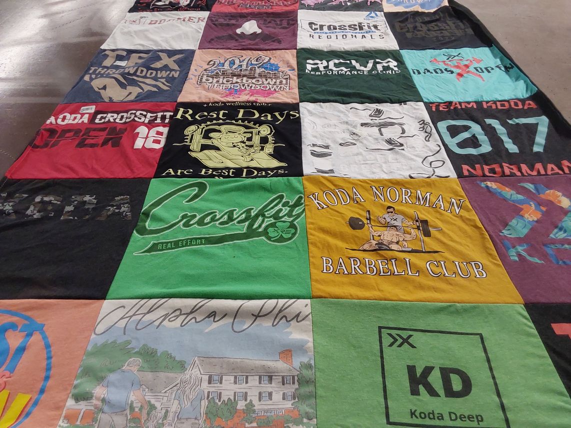 T-shirt quilt with fitness, crossfit themes by Shawn from OK