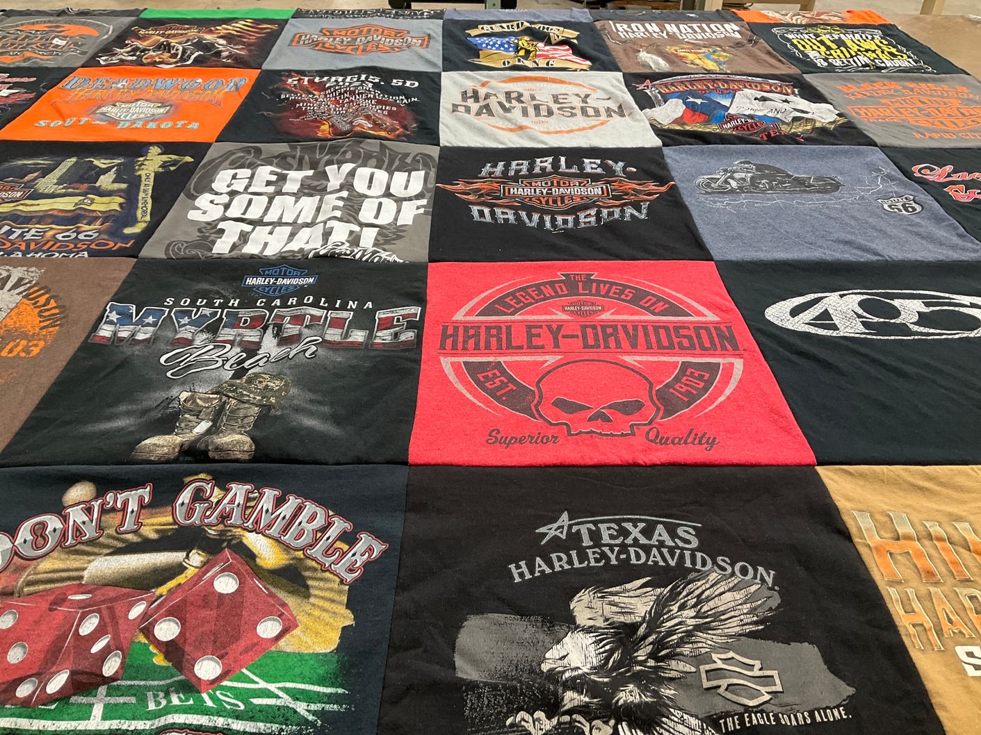 T-shirt quilt with motorcycles, biking themes by Philip from OK