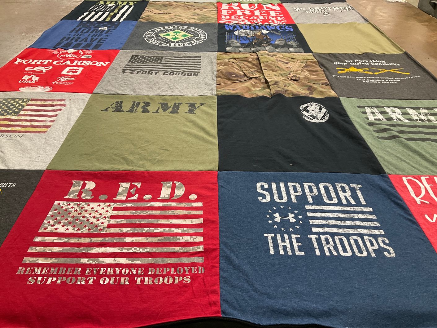 T-shirt quilt with military, patriotism themes by Cheryl from CO