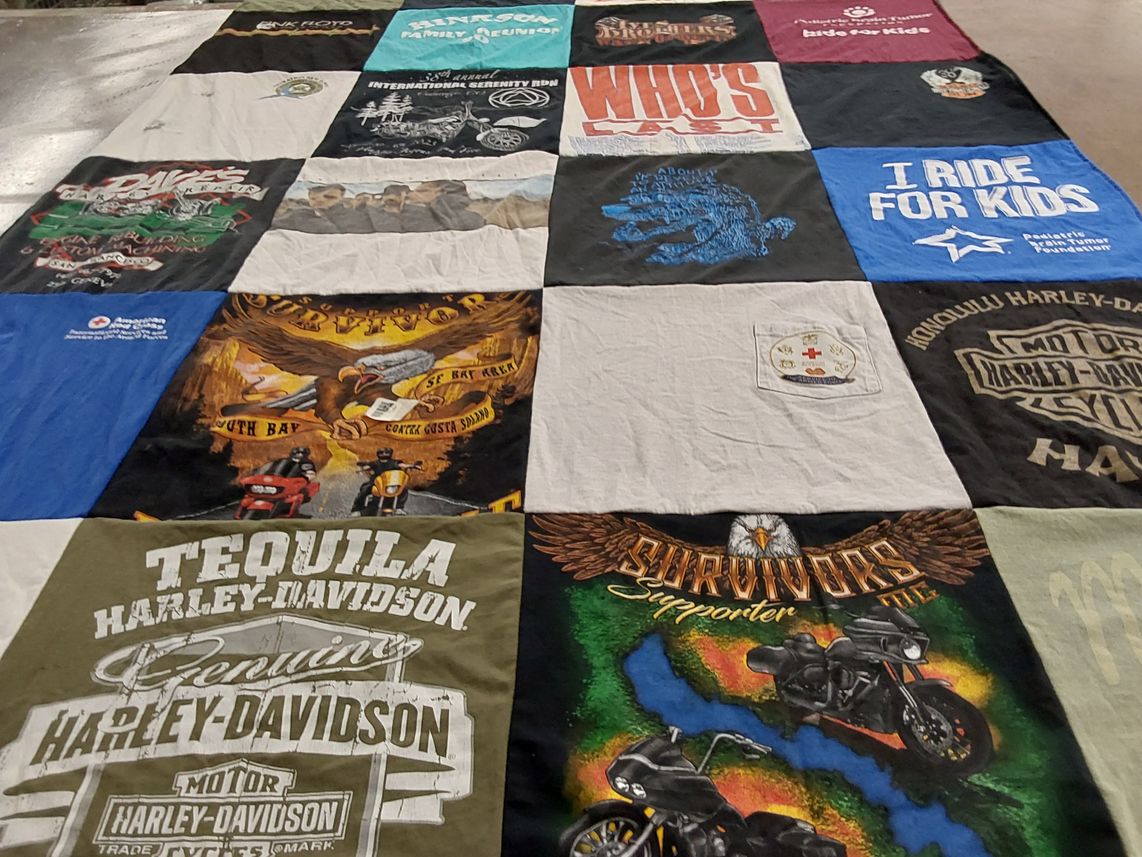 T-shirt quilt with motorcycles, charity themes by Judi from CA