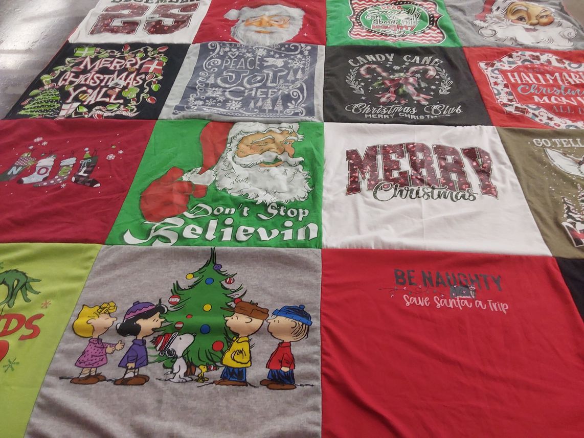 T-shirt quilt with christmas, holiday themes by Loretta from TN