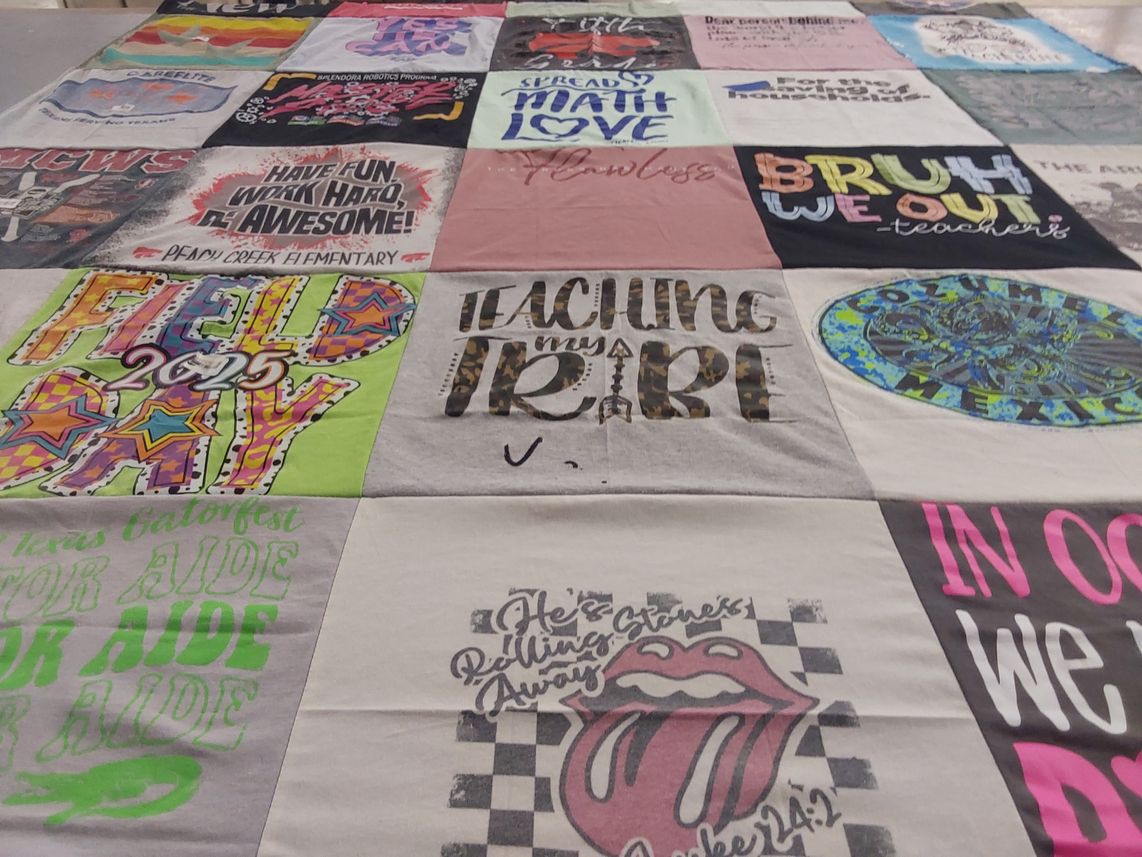 T-shirt quilt with education, teaching themes by Tabitha from TX