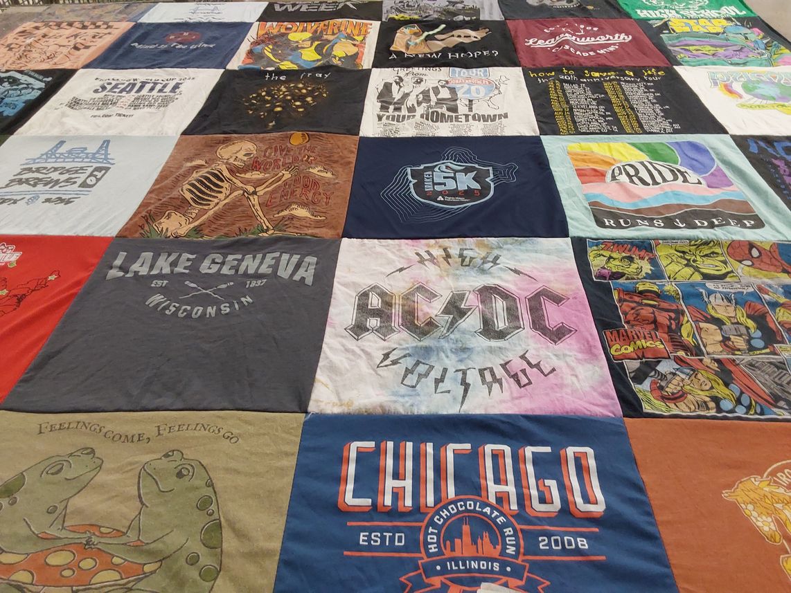 T-shirt quilt with music, outdoor activities themes by Nadia from WA
