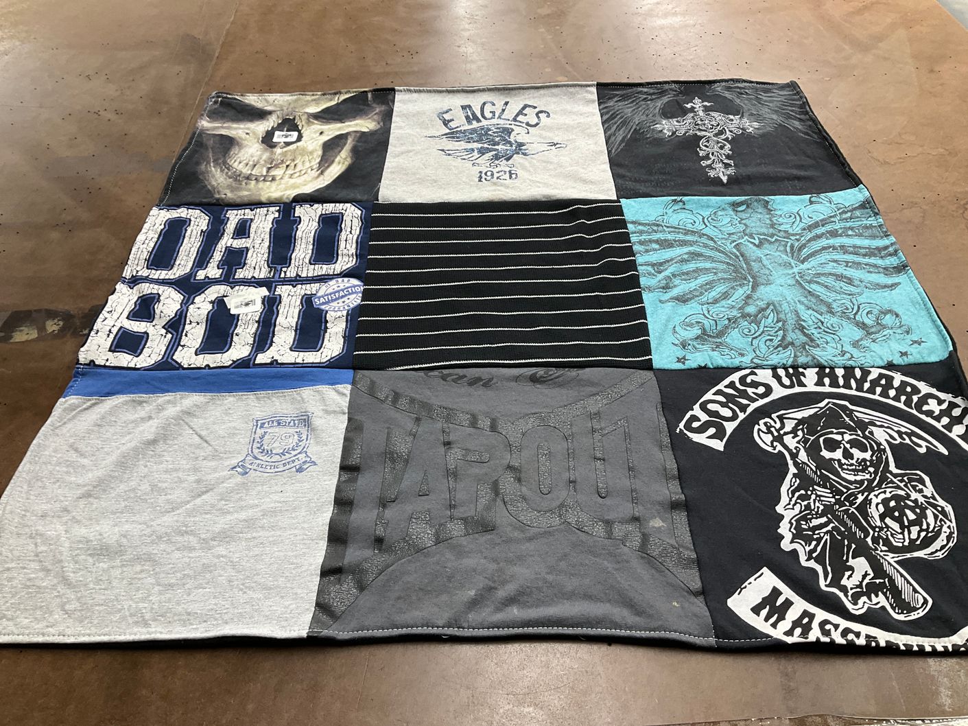 T-shirt quilt with motorcycles, tattoos themes by Jennifer from MA