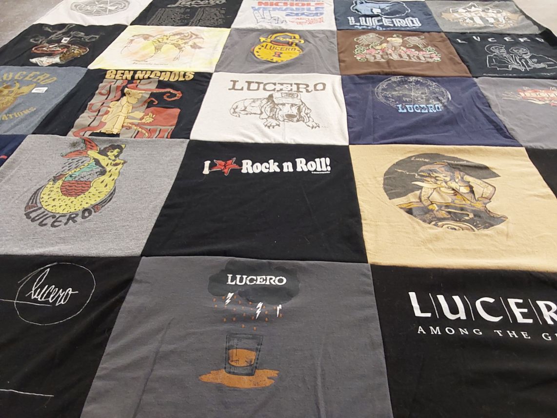 T-shirt quilt with music, concerts themes by Heather from KY
