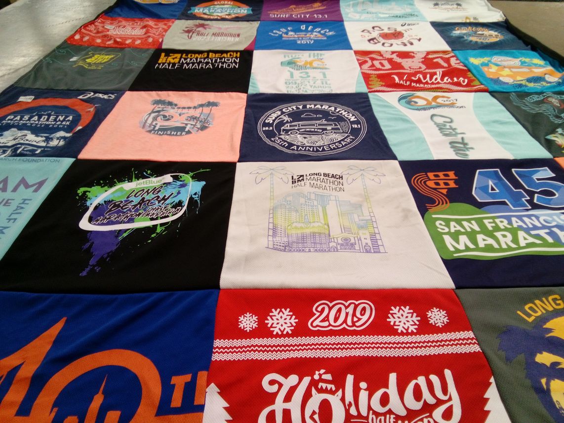 T-shirt quilt with running, marathons themes by Nina from CA