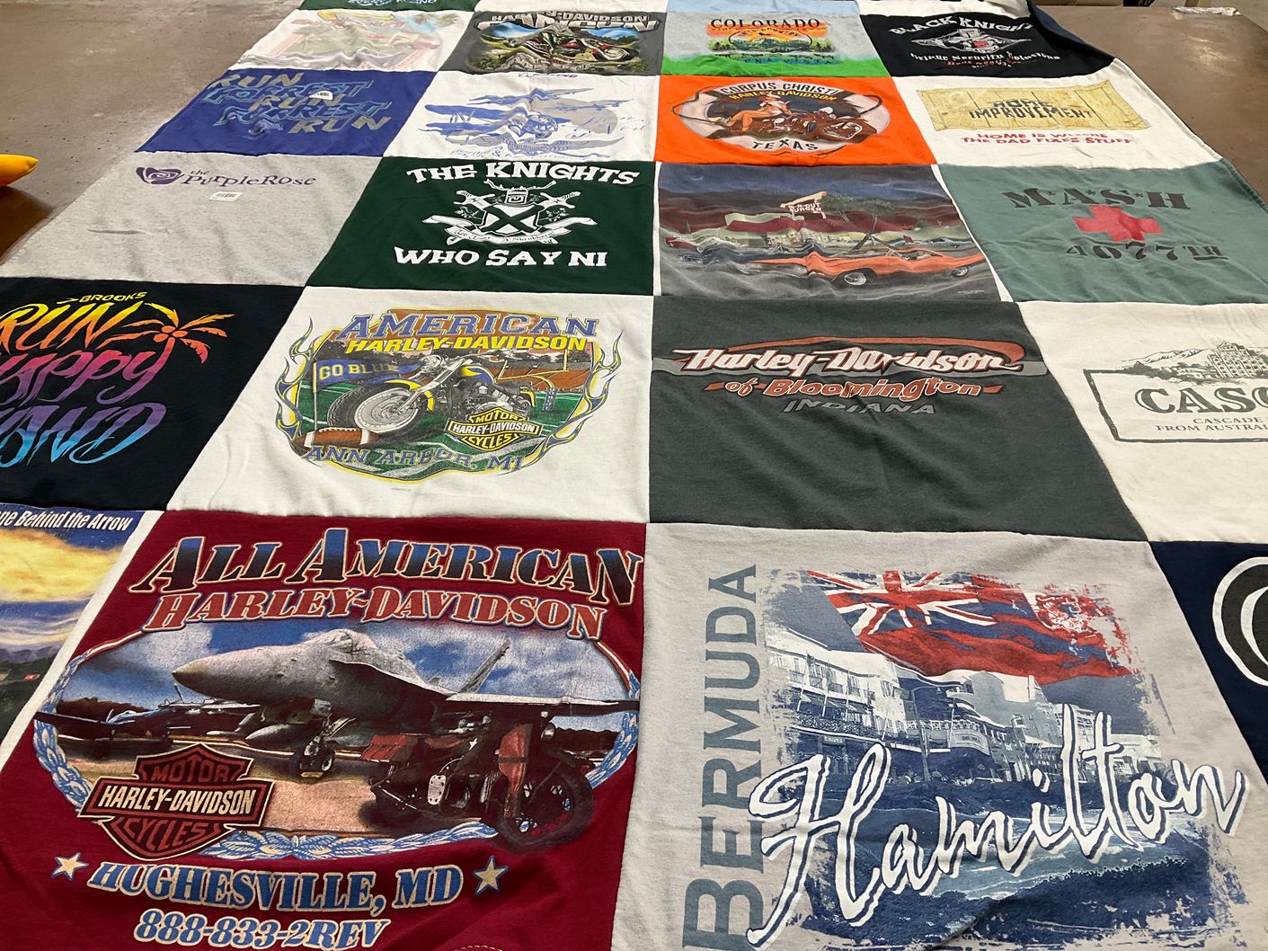 T-shirt quilt with motorcycles, travel themes by Lori from MD