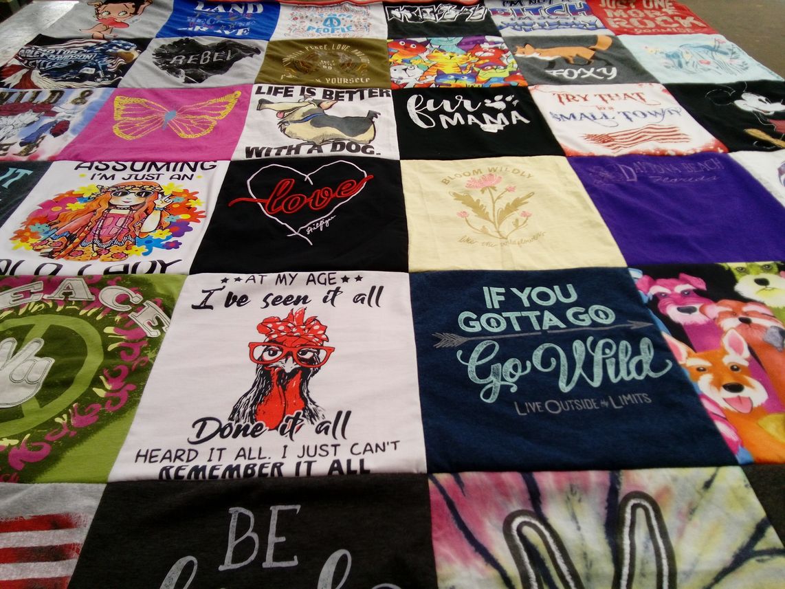 T-shirt quilt with dogs, peace themes by Geraldine from IN