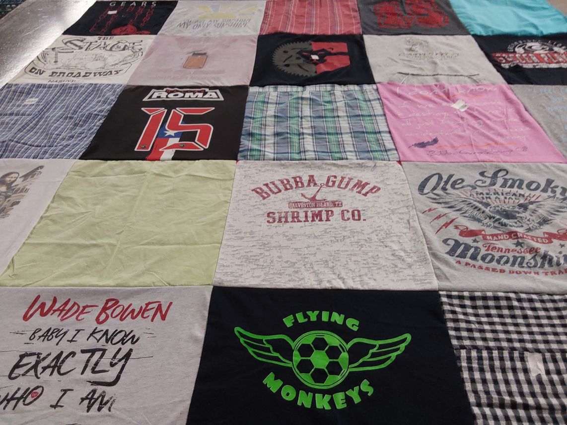 T-shirt quilt with music, sports themes by Falon from TX
