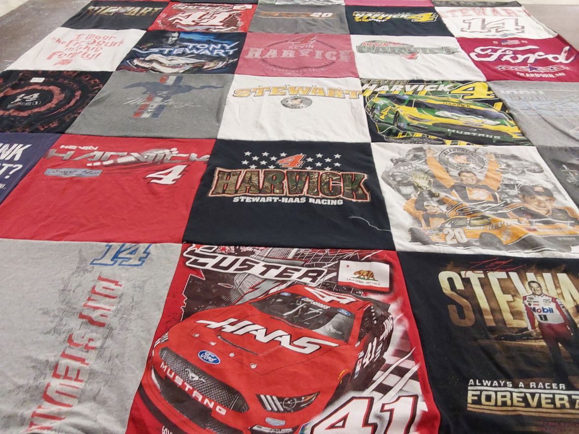 T-shirt quilt with nascar, motorsports themes by Ruth from OH