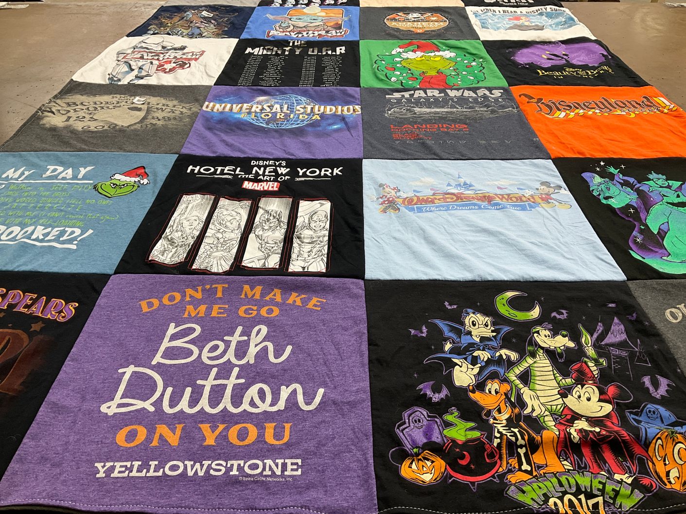 T-shirt quilt with theme parks, disney themes by Alyssa from CA