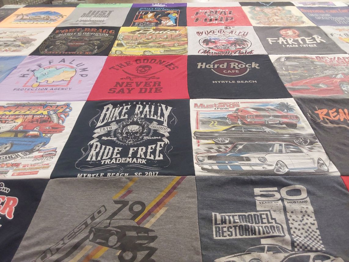 T-shirt quilt with motorcycles, cars themes by Kimberly from NC