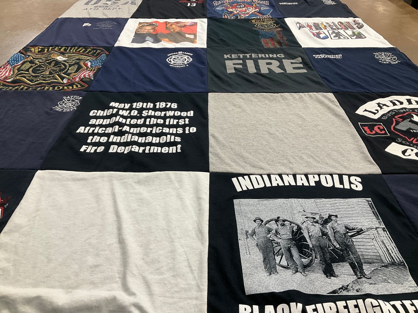 T-shirt quilt with firefighting, history themes by Precious from OH