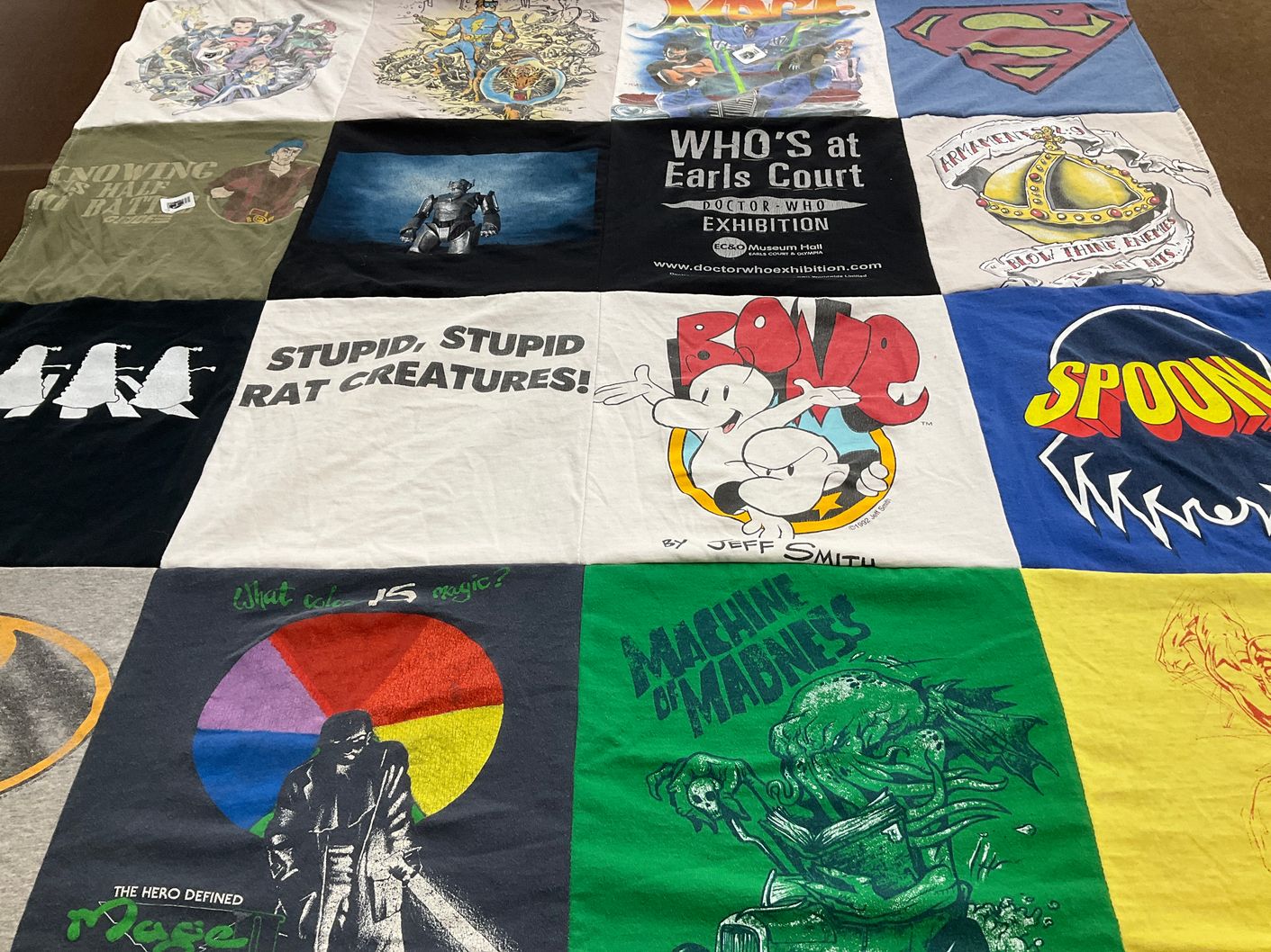 T-shirt quilt with comic books, superheroes themes by James from OR