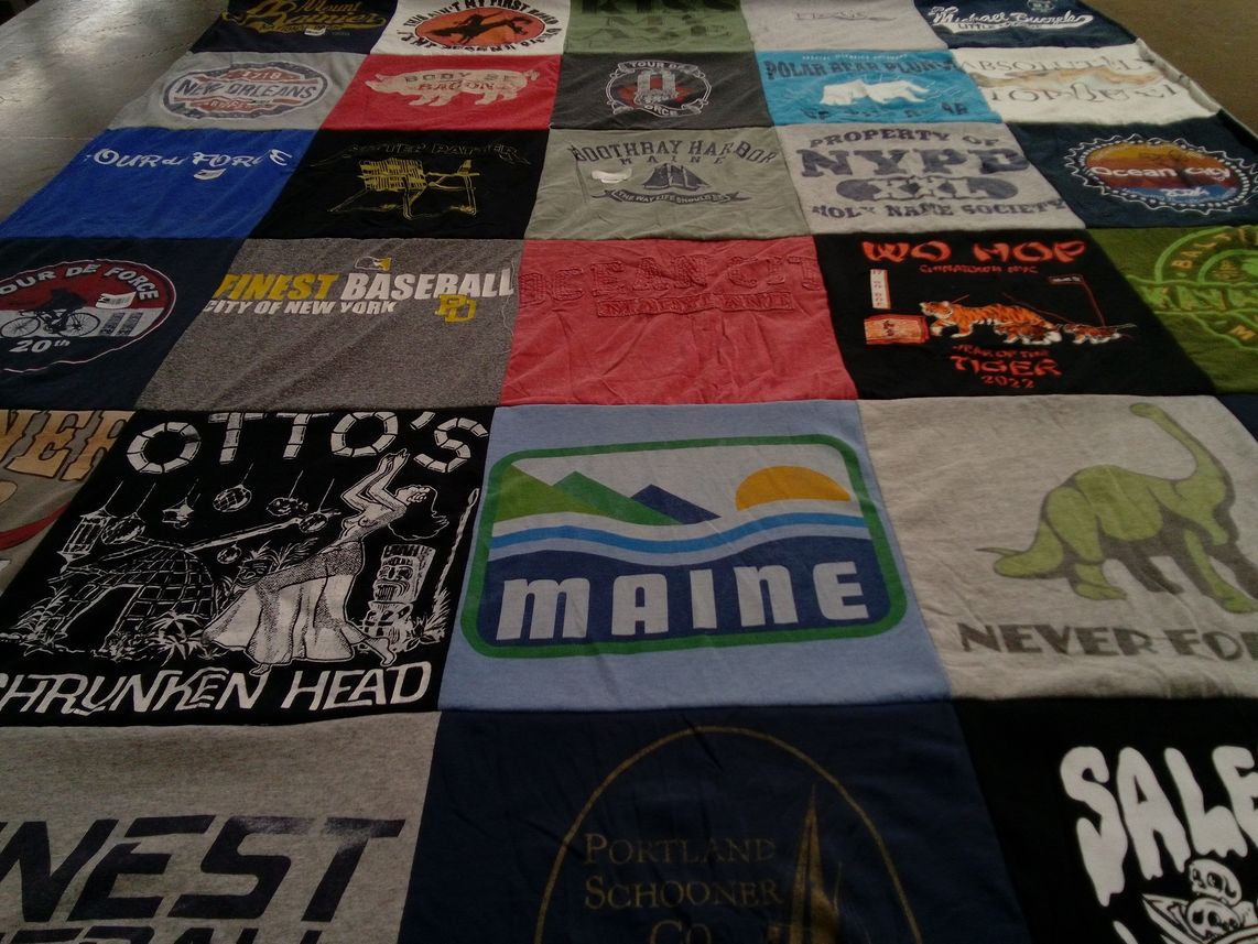T-shirt quilt with baseball, local businesses themes by Zach from NY