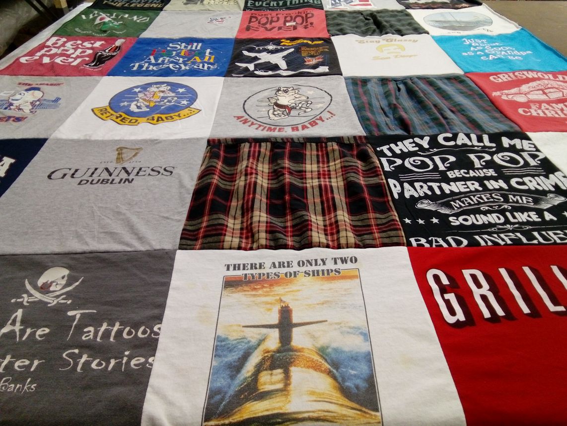 T-shirt quilt with pirates, beer themes by James from NY