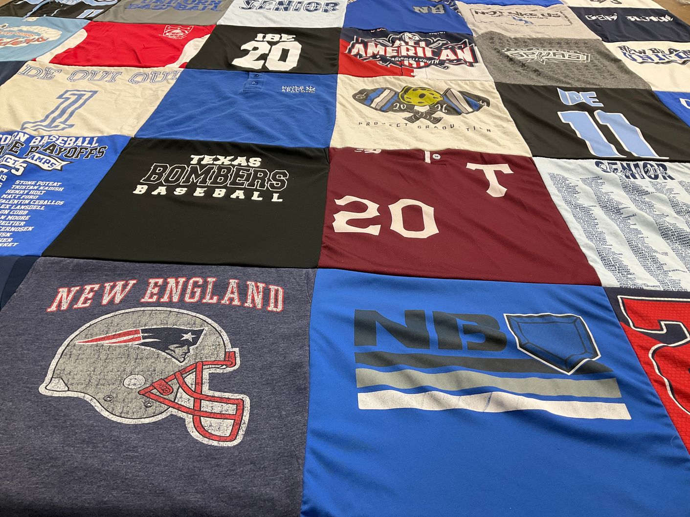 T-shirt quilt featuring texas bombers baseball, new england patriots by Angela from TX