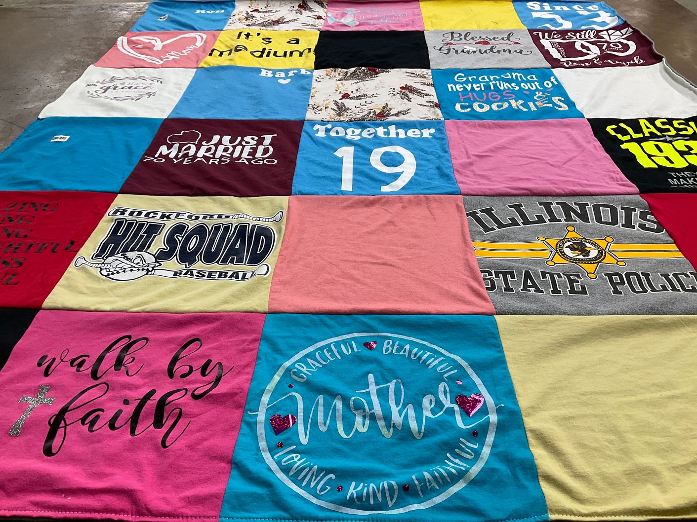 T-shirt quilt with family, faith themes by Dawn from IL
